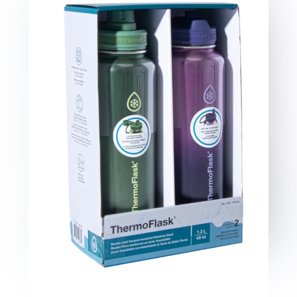 ThermoFlask 40oz. Insulated Stainless Steel, 2-pack green/ purple new in box